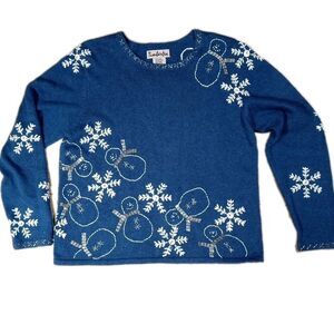 VTG Timberlea Snowman Sweater Beaded Embroidered Pullover M Blue Holiday Teacher